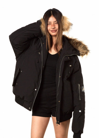 【BLACK BB】Fur hoodie design gimmick zipper silhouette jacket  BK0061