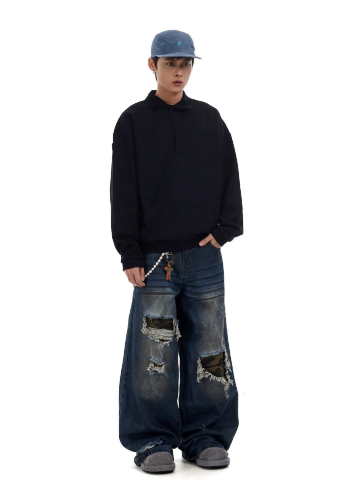 【BTSG】Mid-distressed design dark blue wide denim pants  BS0054