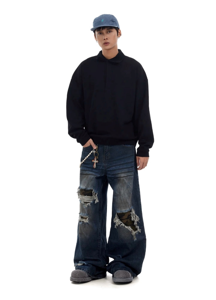 【BTSG】Mid-distressed design dark blue wide denim pants  BS0054