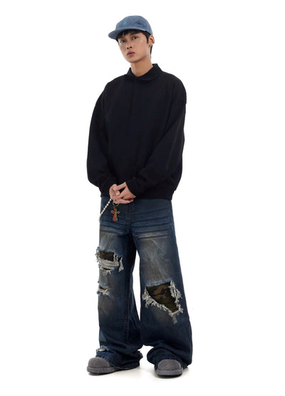 【BTSG】Mid-distressed design dark blue wide denim pants  BS0054