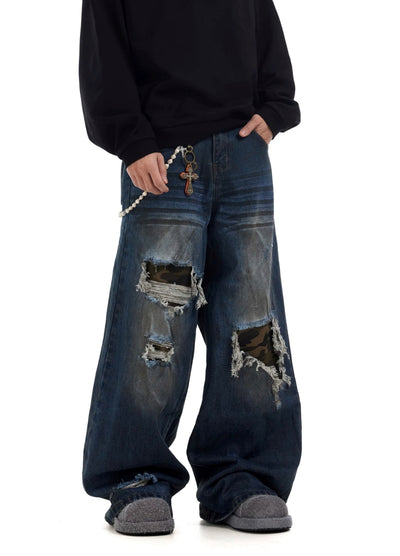 【BTSG】Mid-distressed design dark blue wide denim pants  BS0054