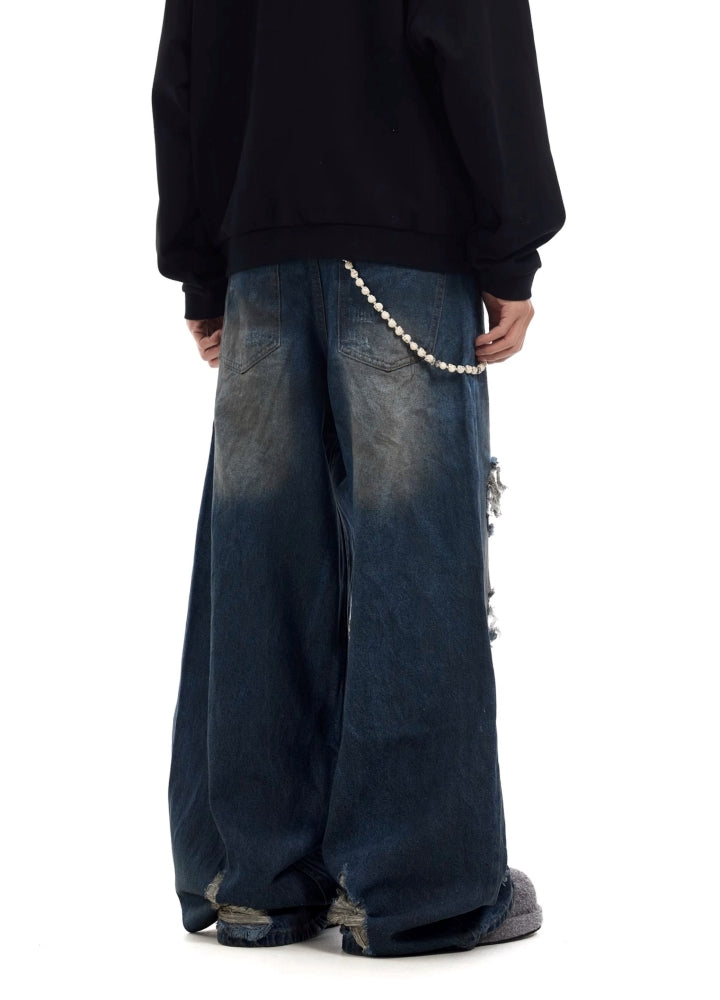 【BTSG】Mid-distressed design dark blue wide denim pants  BS0054