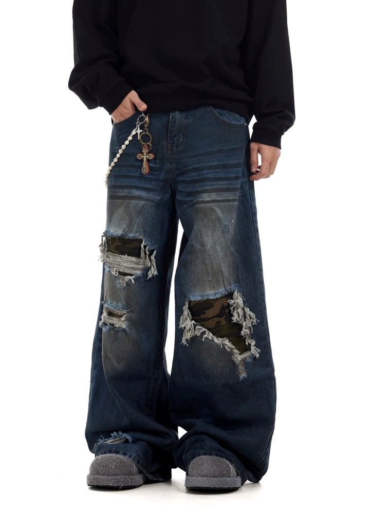 【BTSG】Mid-distressed design dark blue wide denim pants  BS0054