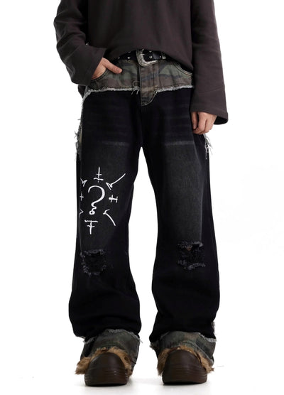 【BTSG】Question mark illustration monotone style damaged denim pants  BS0066