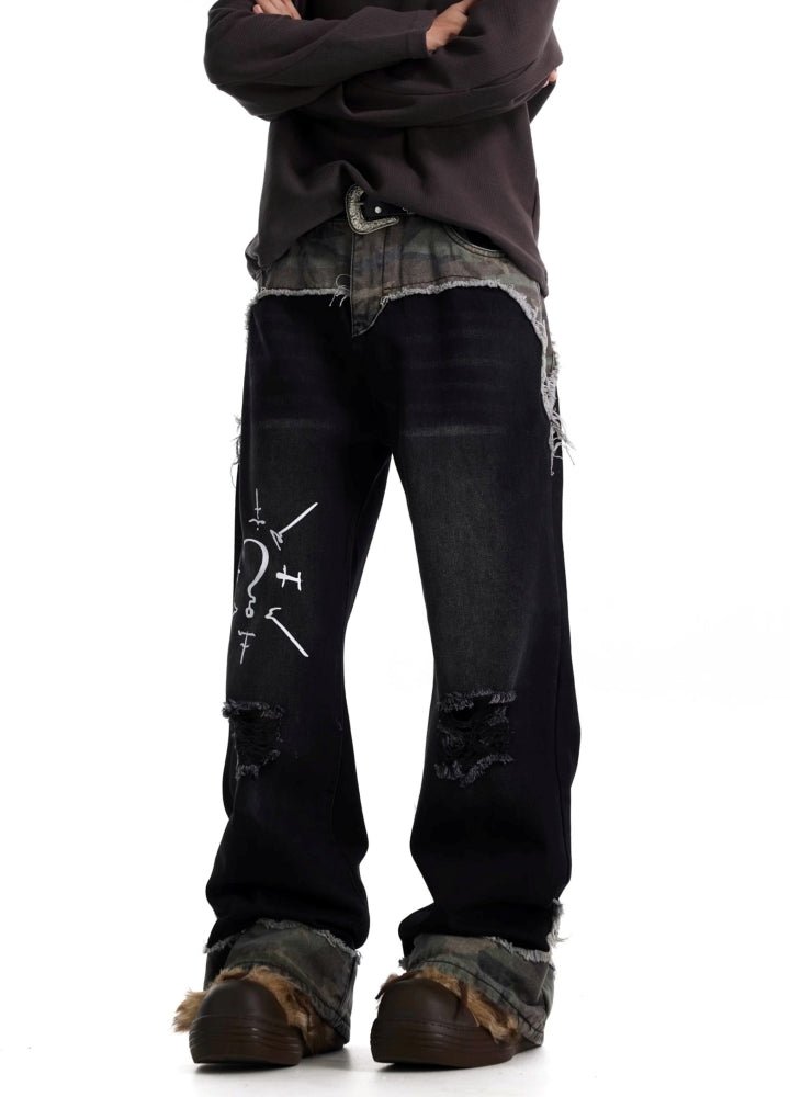 【BTSG】Question mark illustration monotone style damaged denim pants  BS0066