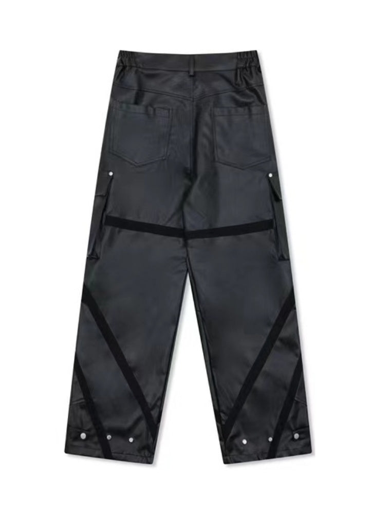 【ROY11】Multi-pocket design gorgeous wide cargo leather pants  RY0023