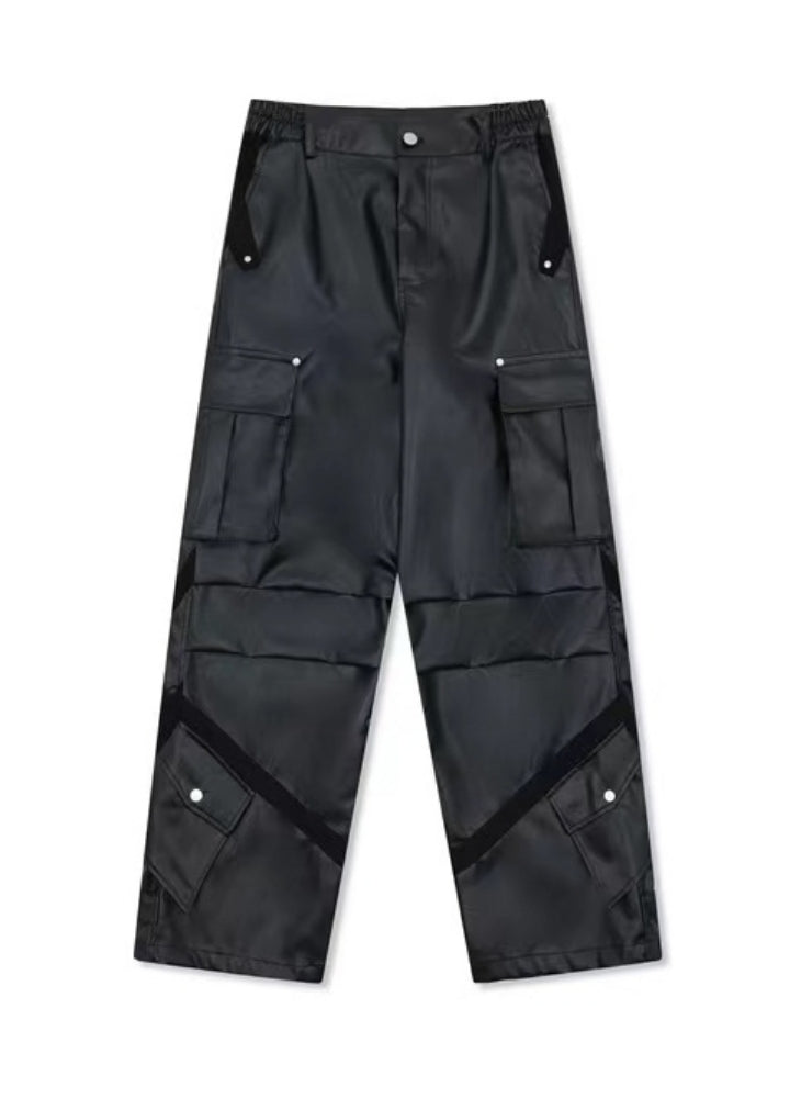 【ROY11】Multi-pocket design gorgeous wide cargo leather pants  RY0023