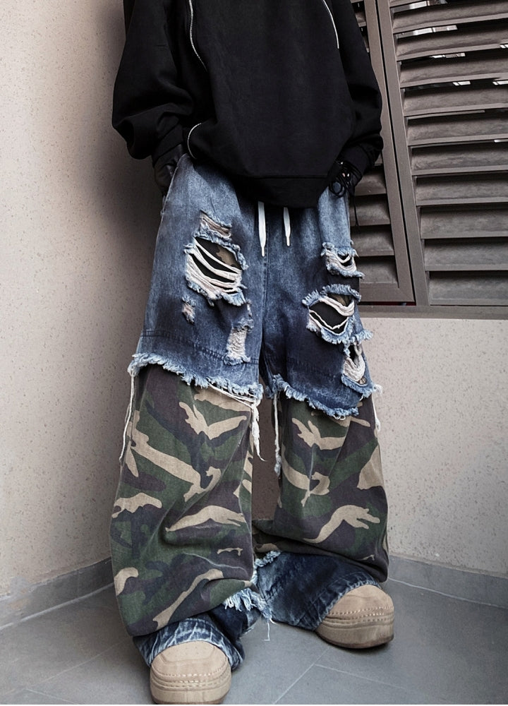 【UUCSCC】Medium damage and camouflage layered pants  US0078