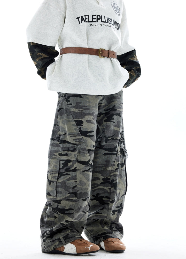 【H GANG X】Wide over basic camouflage style cargo pants  HX0110