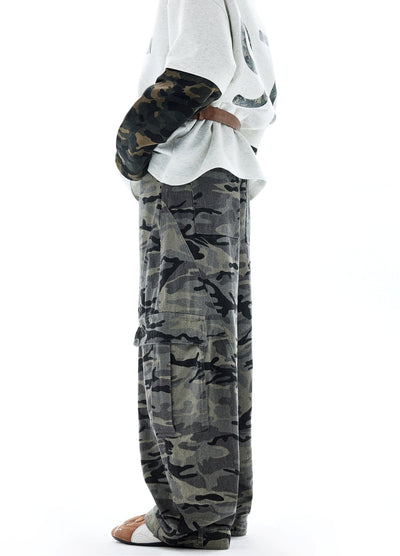 【H GANG X】Wide over basic camouflage style cargo pants  HX0110