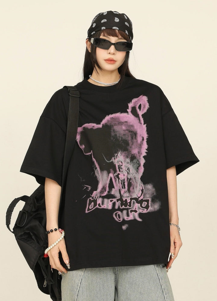 【CEDY】Cat paint style front design subculture short sleeve T-shirt  CD0073