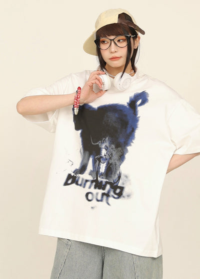 【CEDY】Cat paint style front design subculture short sleeve T-shirt  CD0073