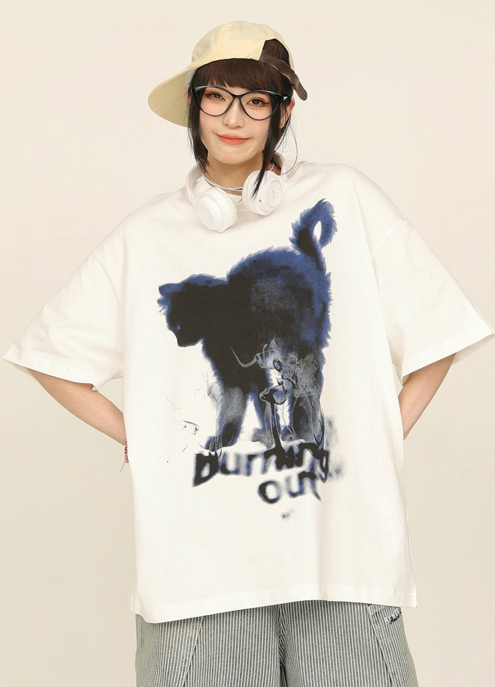 【CEDY】Cat paint style front design subculture short sleeve T-shirt  CD0073