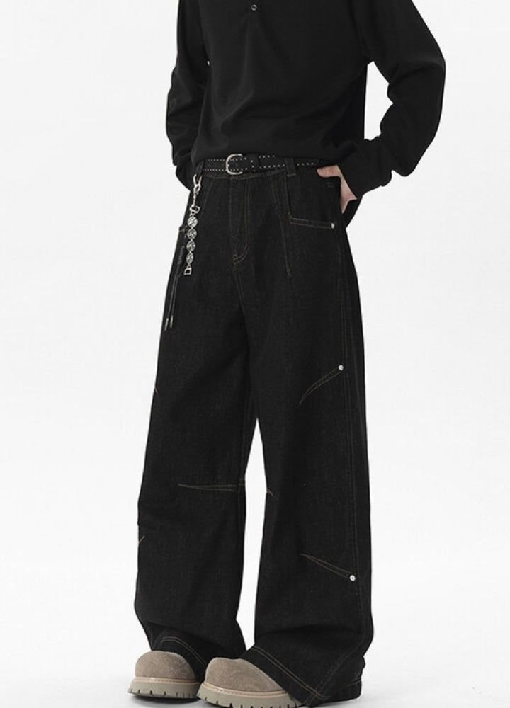 【NANSEE】Wide patch design silhouette dark denim pants  NS0005