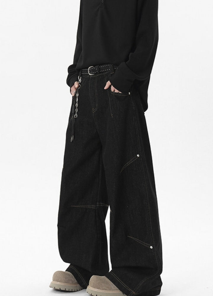 【NANSEE】Wide patch design silhouette dark denim pants  NS0005