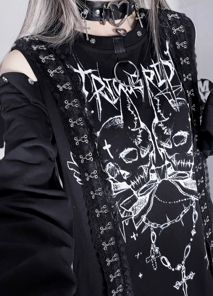 【TricuspidC】Dark skull front design mode loose style long sleeve T-shirt  TC0001