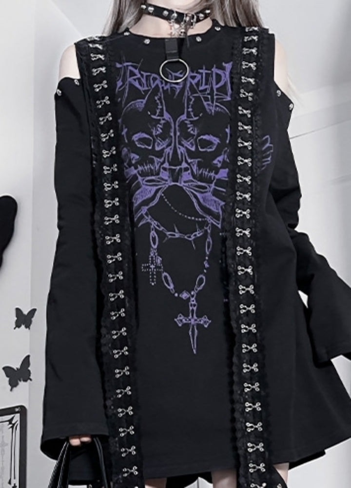 【TricuspidC】Dark skull front design mode loose style long sleeve T-shirt  TC0001