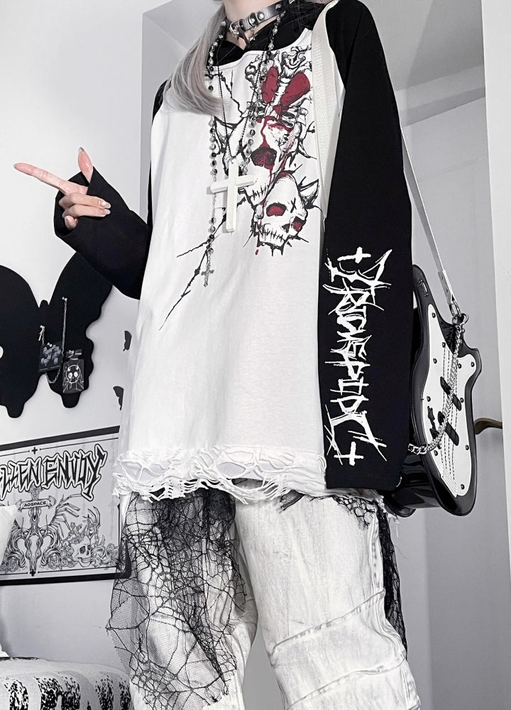 【TricuspidC】Skull design monotone blood long sleeve T-shirt  TC0005