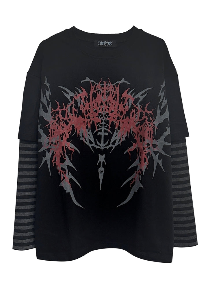 【WETbody】Front subculture initial layered border long sleeve T-shirt  WB0002