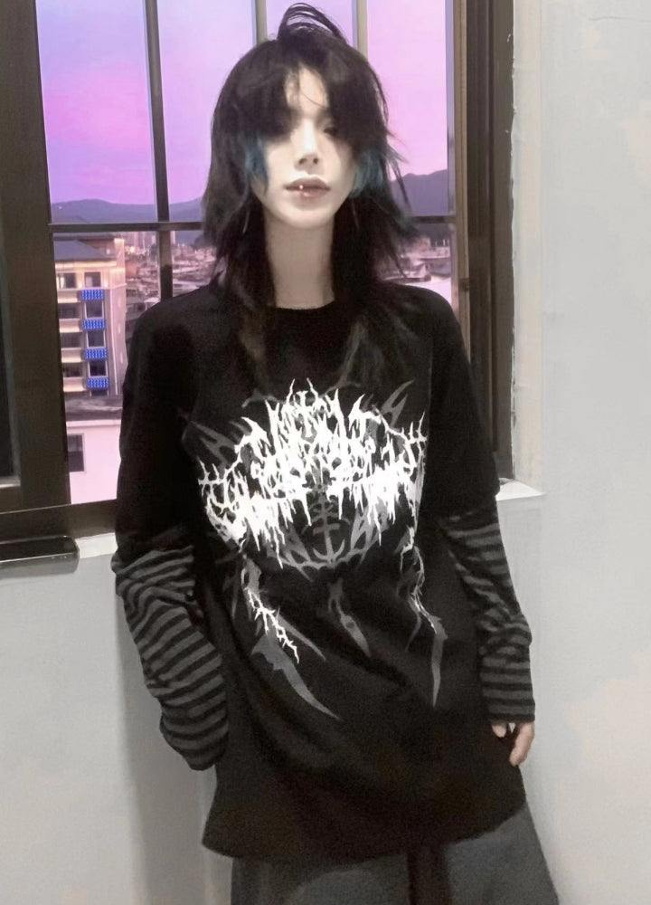 【WETbody】Front subculture initial layered border long sleeve T-shirt  WB0002