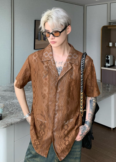 【CUIBUJU】Design pattern point over-open short-sleeved shirt  CB0053