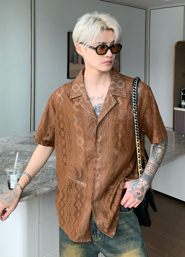 【CUIBUJU】Design pattern point over-open short-sleeved shirt  CB0053