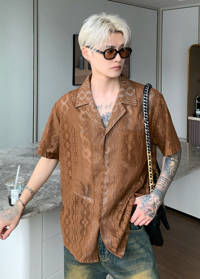 【CUIBUJU】Design pattern point over-open short-sleeved shirt  CB0053