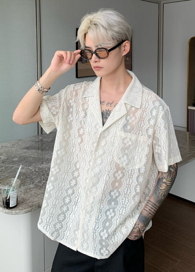 【CUIBUJU】Design pattern point over-open short-sleeved shirt  CB0053