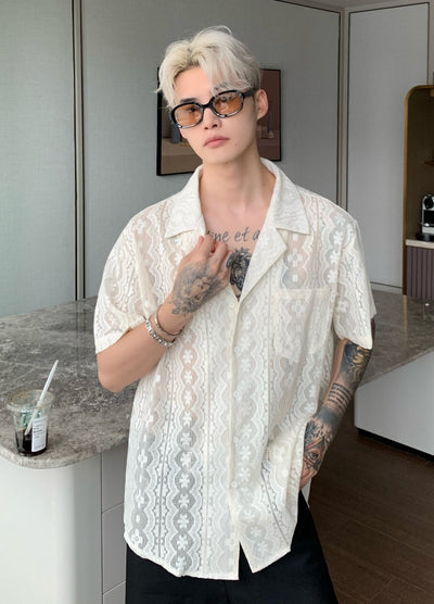 【CUIBUJU】Design pattern point over-open short-sleeved shirt  CB0053