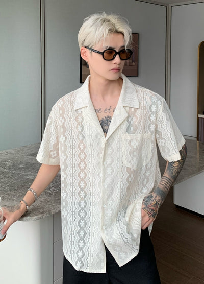 【CUIBUJU】Design pattern point over-open short-sleeved shirt  CB0053