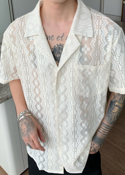 【CUIBUJU】Design pattern point over-open short-sleeved shirt  CB0053