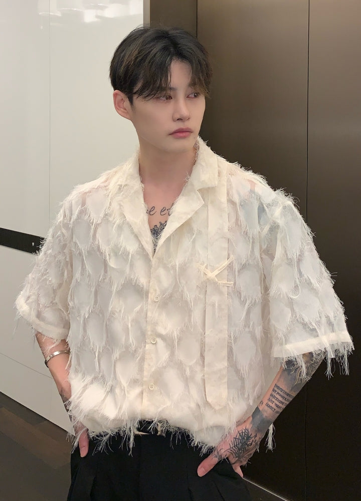 【CUIBUJU】Pointed distressed over-open silhouette short-sleeved shirt  CB0057