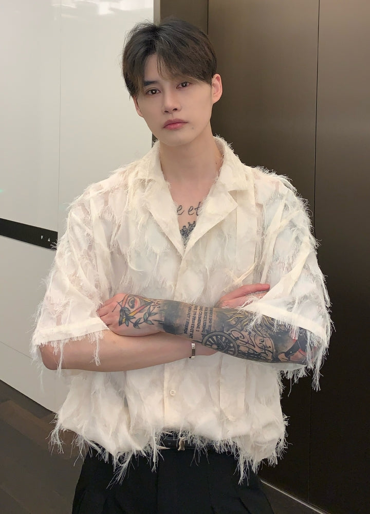【CUIBUJU】Pointed distressed over-open silhouette short-sleeved shirt  CB0057