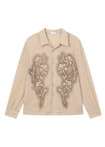 【CUIBUJU】Front floral design see-through style loose long sleeve shirt  CB0059