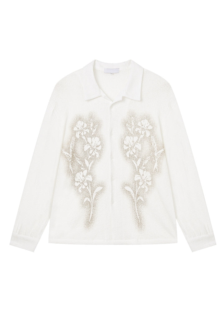 【CUIBUJU】Front floral design see-through style loose long sleeve shirt  CB0059