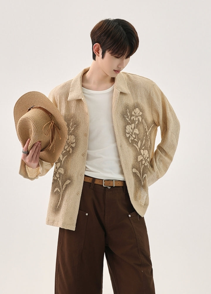 【CUIBUJU】Front floral design see-through style loose long sleeve shirt  CB0059