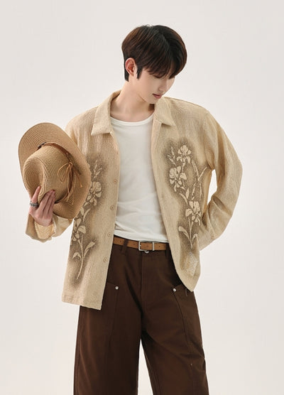 【CUIBUJU】Front floral design see-through style loose long sleeve shirt  CB0059