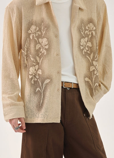 【CUIBUJU】Front floral design see-through style loose long sleeve shirt  CB0059