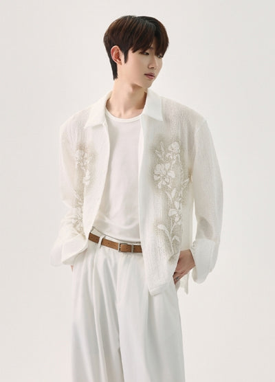 【CUIBUJU】Front floral design see-through style loose long sleeve shirt  CB0059