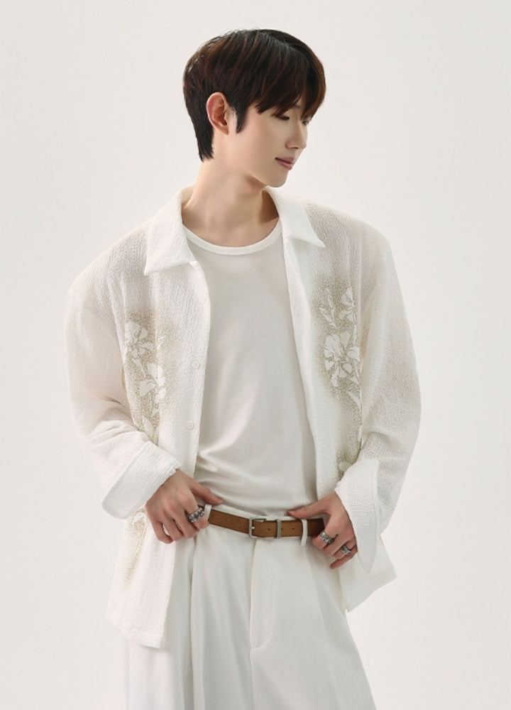【CUIBUJU】Front floral design see-through style loose long sleeve shirt  CB0059