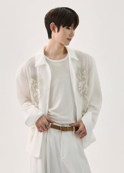 【CUIBUJU】Front floral design see-through style loose long sleeve shirt  CB0059