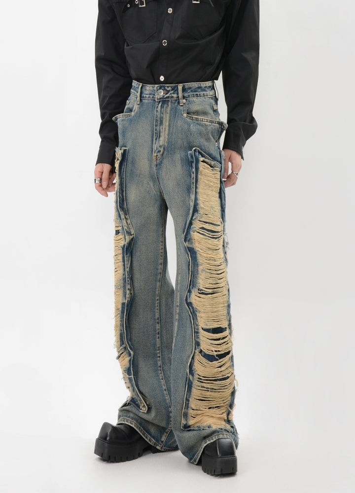 【LUCE GARMENT】Double lariat distressed wide denim pants  LG0071