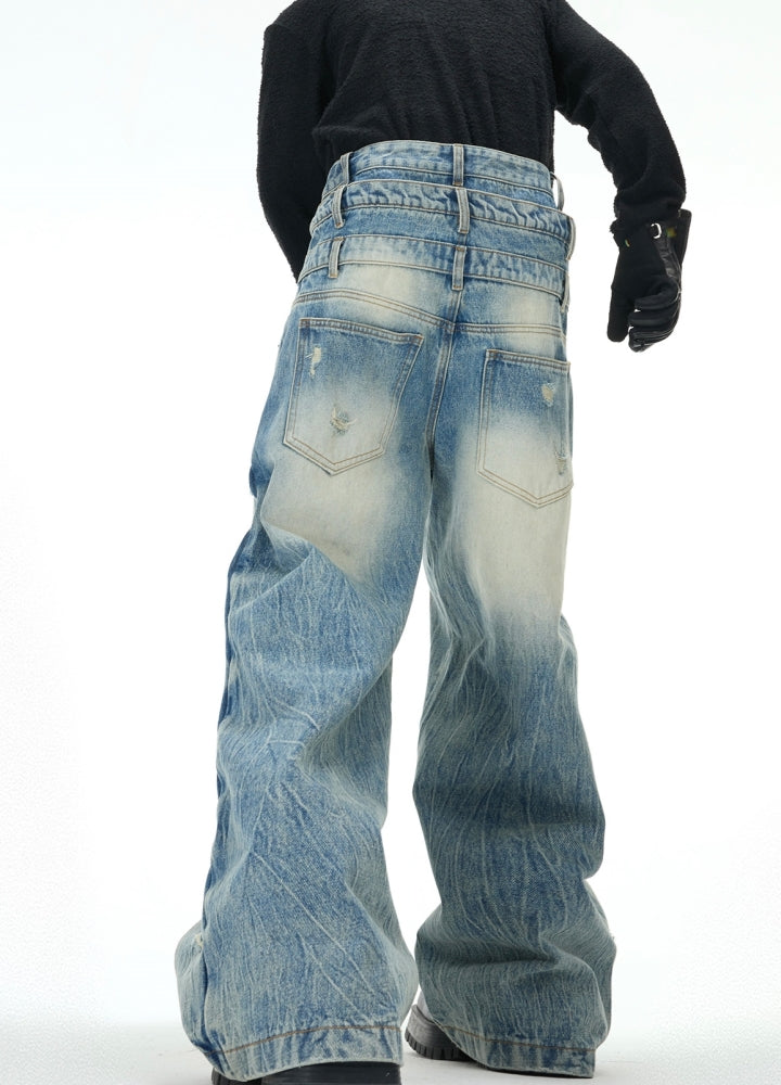 【Culture E】High waist design wave wide silhouette washed denim pants  CE0183