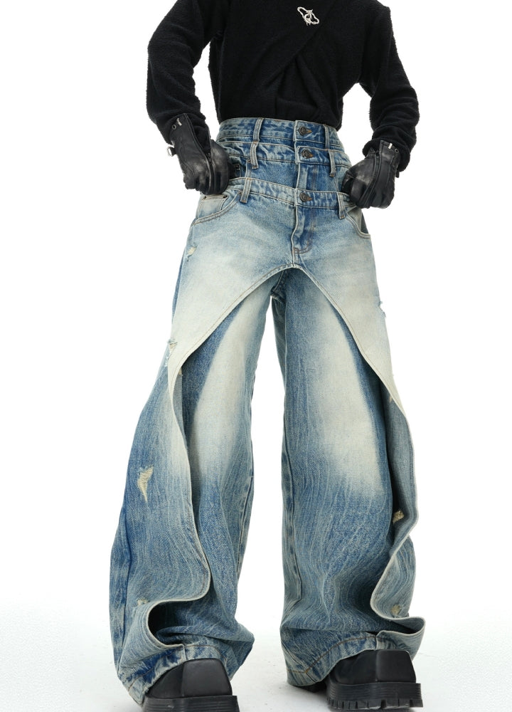 【Culture E】High waist design wave wide silhouette washed denim pants  CE0183