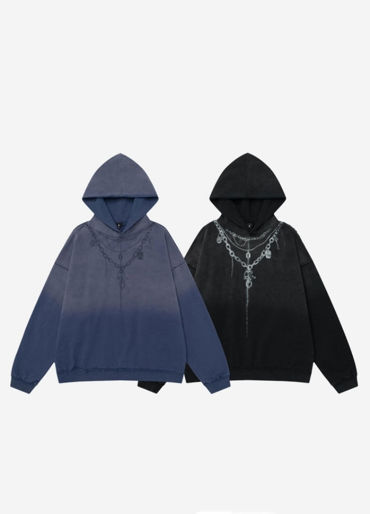 【OVDY】Chain necklace style illustration design gradient wash hoodie  OD0009