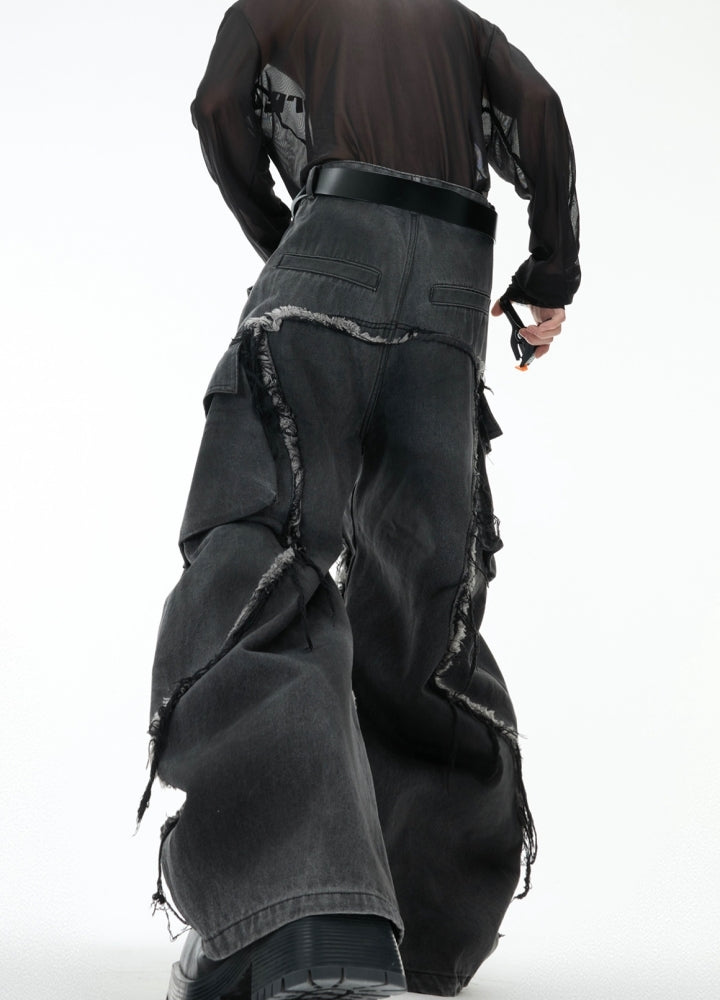 【Culture E】Vintage dull color fringe damaged cargo denim pants  CE0184