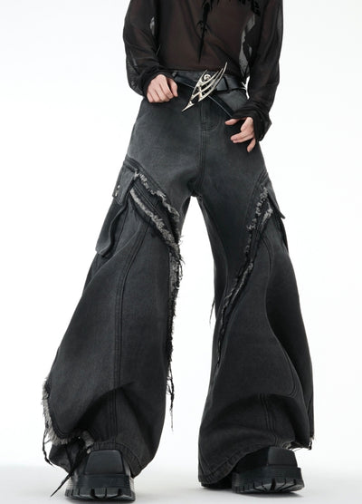 【Culture E】Vintage dull color fringe damaged cargo denim pants  CE0184