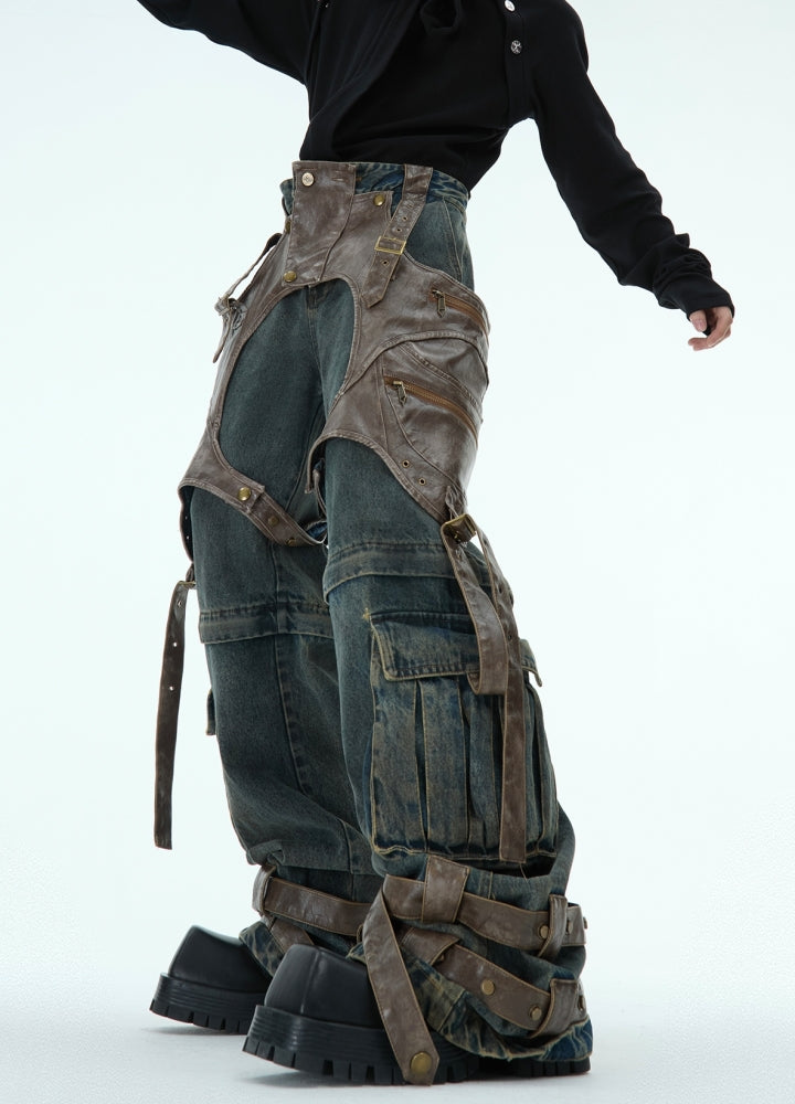 【Culture E】Gimmick vintage style dull color denim cargo pants  CE0187