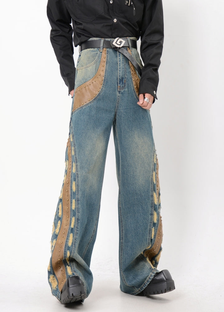 【LUCE GARMENT】Gimmick side line design wide denim pants  LG0062