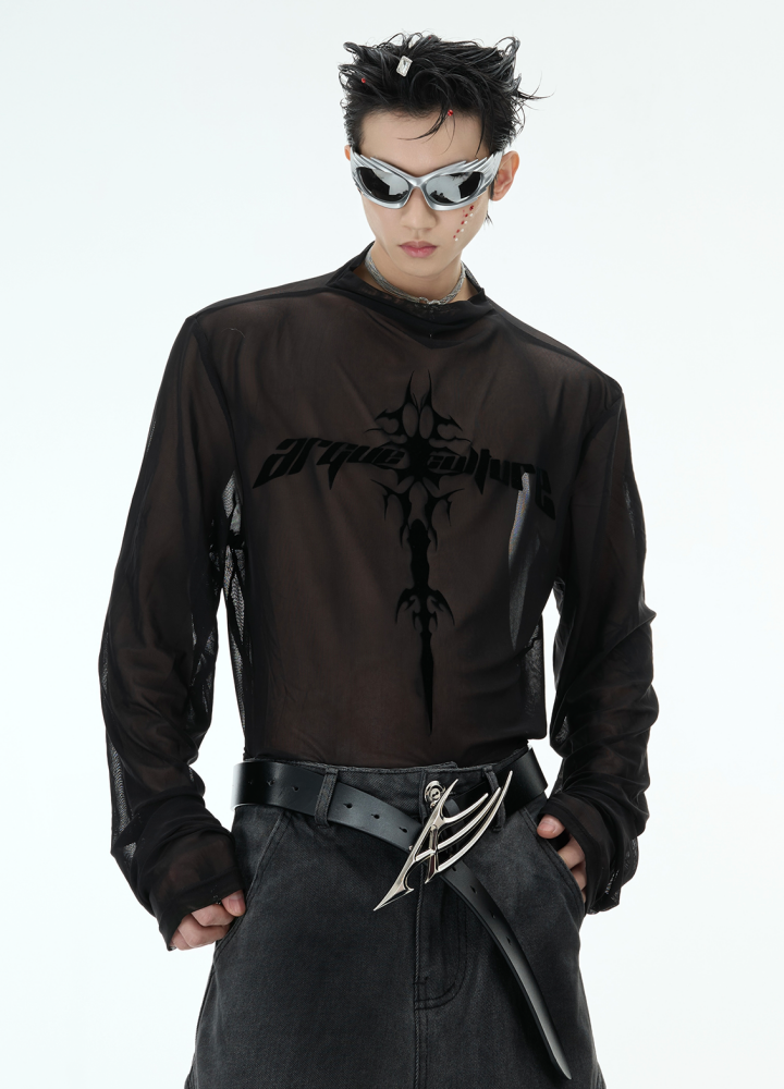 【Culture E】Cross subculture base transparent design tight size mode long sleeve T-shirt  CE0185